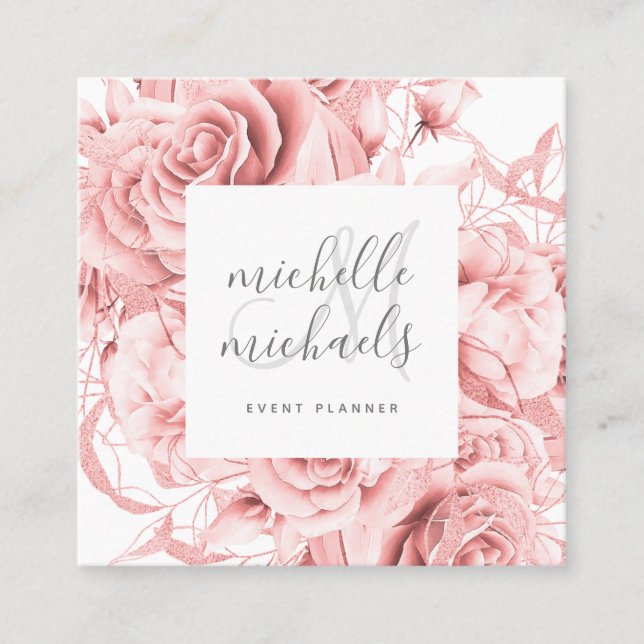 Tarjeta De Visita Cuadrada Monograma de escritura floral Rosa dorado moderno  (Anverso)