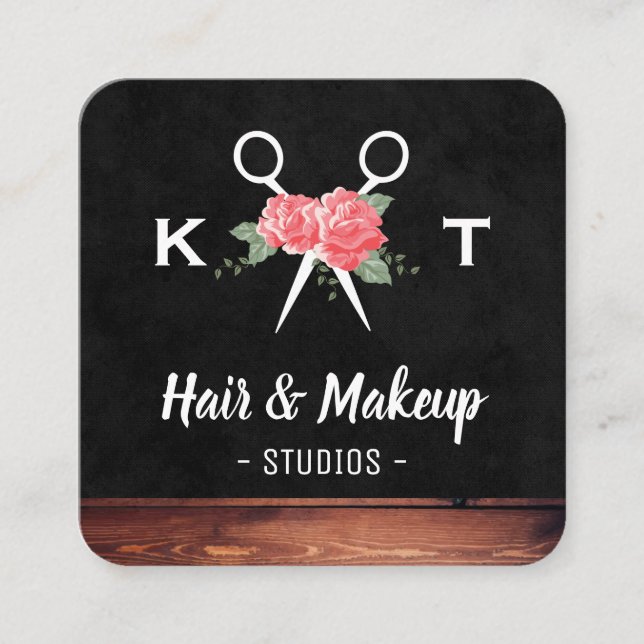 Tarjeta De Visita Cuadrada Monograma de flores de cabello y maquillaje (Anverso)