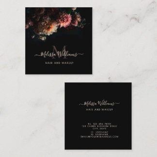 Tarjeta De Visita Cuadrada Monograma de flores de rubor oscuro y malhumorado 