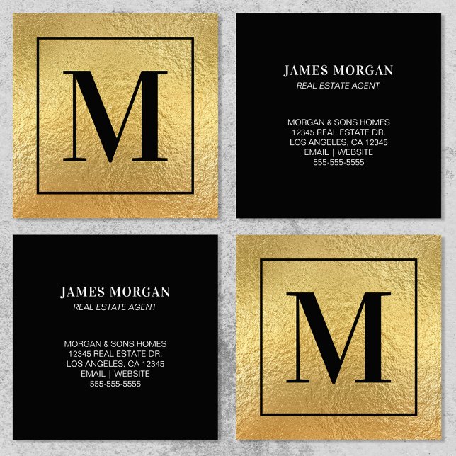 Tarjeta De Visita Cuadrada Monograma de la frontera negra de Relieve metaliza (Faux Gold Foil Black Border Monogram Square Business Card)