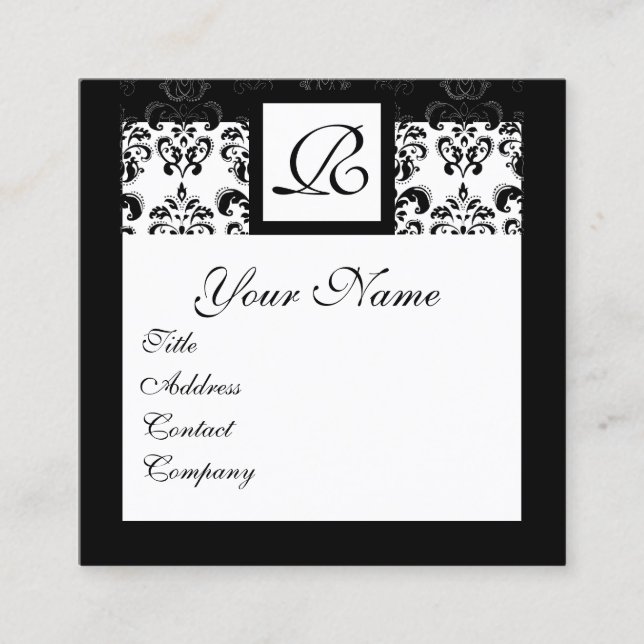 TARJETA DE VISITA CUADRADA MONOGRAMA DE LA PLAZA DE DAMASK BLANCO NEGRO CLÁSI (Anverso)
