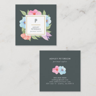 Tarjeta De Visita Cuadrada Monograma de las flores de oro rosado de color de 