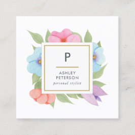 Tarjeta De Visita Cuadrada Monograma de las flores de oro rosado de color de 