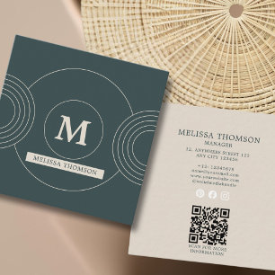 Tarjeta De Visita Cuadrada Monograma de Línea Geométrica Verde Elegante Moder