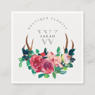 Tarjeta De Visita Cuadrada Monograma de los Rústicos Antlers Red Floral Stag
