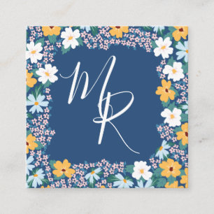 Tarjeta De Visita Cuadrada Monograma de marco floral rosa y amarillo