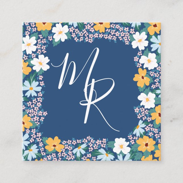 Tarjeta De Visita Cuadrada Monograma de marco floral rosa y amarillo (Anverso)