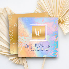 Tarjeta De Visita Cuadrada Monograma de naranja turquesa color agua dorada