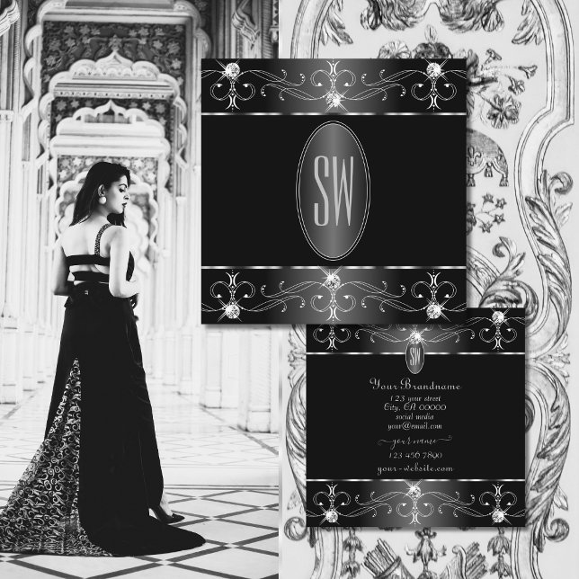 Tarjeta De Visita Cuadrada Monograma de Ornamentos Noble Plata Blanco Negro (Subido por el creador)