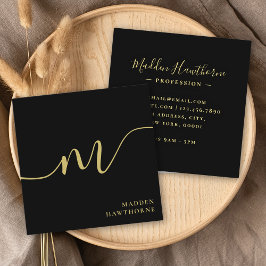 Tarjeta De Visita Cuadrada Monograma de oro negro con guión moderno profesion