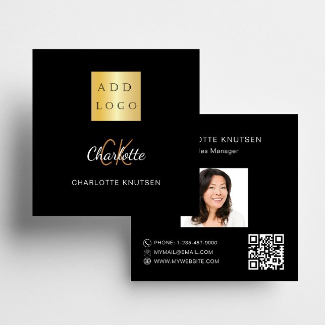 Tarjeta De Visita Cuadrada Monograma de oro negro foto Código Qr (Subido por el creador)