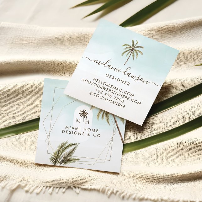 Tarjeta De Visita Cuadrada Monograma de palmeras tropicales modernas (Modern Tropical Watercolor Palm Trees Monogram Square Business Card)