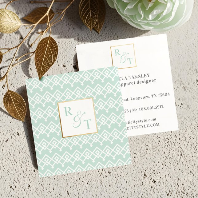 Tarjeta De Visita Cuadrada Monograma de patrón geométrico mínimo y blanco (Luxury Elegant Minimal Geometric Pattern Monogram Square Business Card)