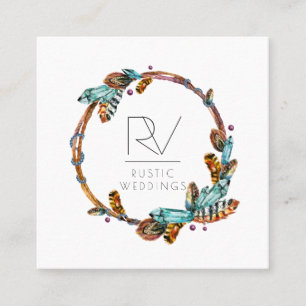 Tarjeta De Visita Cuadrada Monograma de plumas rusticas de Boho Wreath