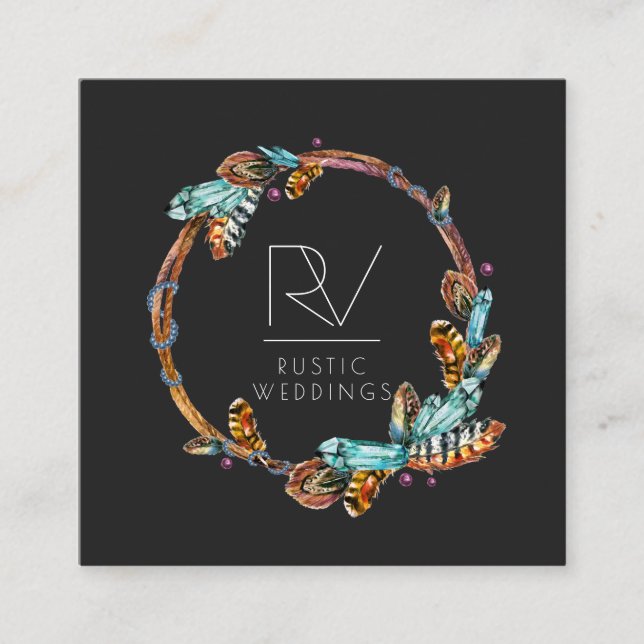 Tarjeta De Visita Cuadrada Monograma de plumas rusticas de Boho Wreath (Anverso)