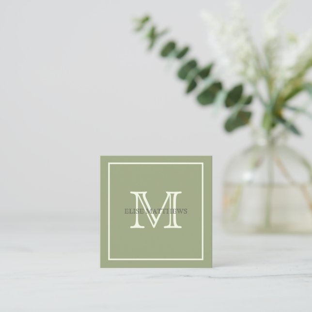Tarjeta De Visita Cuadrada Monograma de Sage y Personalizado de Marfil (Anverso de pie)