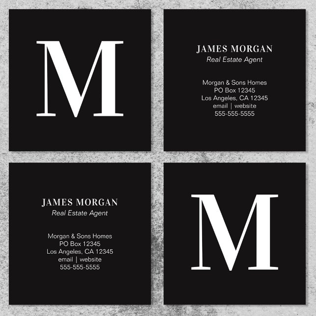 Tarjeta De Visita Cuadrada Monograma de una letra blanca y negra (White and Black Single Letter Monogram Square Business Card)