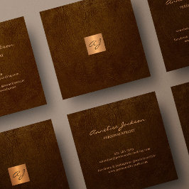 Tarjeta De Visita Cuadrada Monograma dorado de cobre de cuero marrón elegante