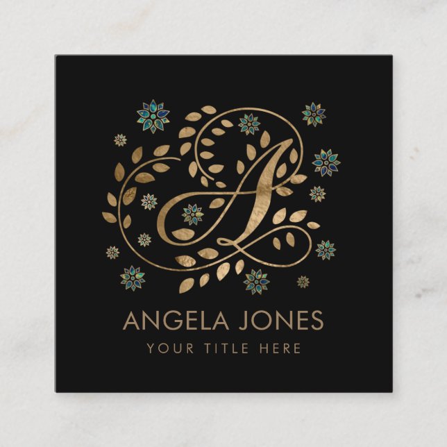 Tarjeta De Visita Cuadrada Monograma dorado de lujo con letra A (Anverso)