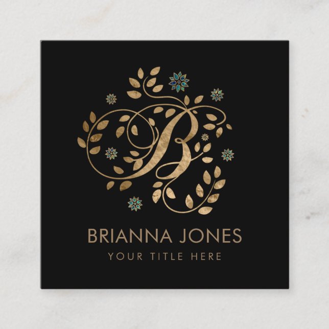 Tarjeta De Visita Cuadrada Monograma dorado de lujo con letra B (Anverso)
