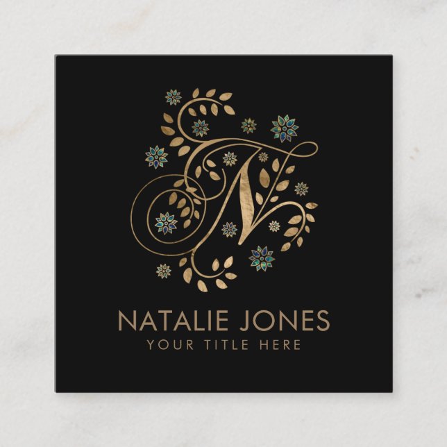 Tarjeta De Visita Cuadrada Monograma dorado de lujo con letra N (Anverso)