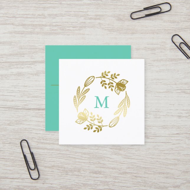 Tarjeta De Visita Cuadrada Monograma dorado floral con mint verde (Anverso/Reverso In Situ)