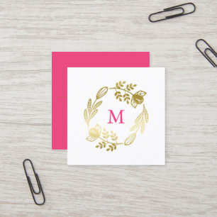 Tarjeta De Visita Cuadrada Monograma Dorado Floral y rosa