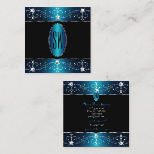 Tarjeta De Visita Cuadrada Monograma elegante de ornamentos Verde azulados de (Anverso / Reverso)