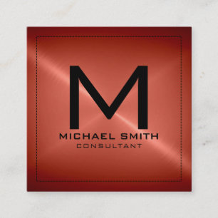 Tarjeta De Visita Cuadrada Monograma Elegante Moderno Bronce Rojo Metal Acero