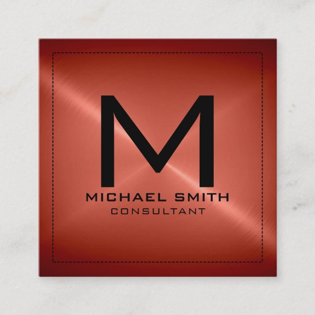 Tarjeta De Visita Cuadrada Monograma elegante moderno rojo Bronce inoxidable  (Anverso)