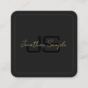 Tarjeta De Visita Cuadrada Monograma elegante personalizado negro y dorado in