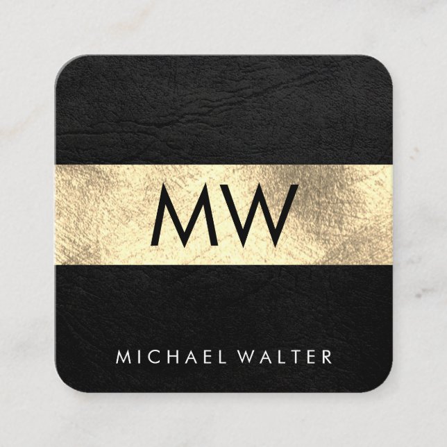 Tarjeta De Visita Cuadrada Monograma Faux Leather / Gold Luxe (Anverso)