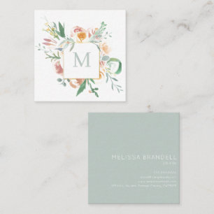 Tarjeta De Visita Cuadrada Monograma floral de color agua suave 