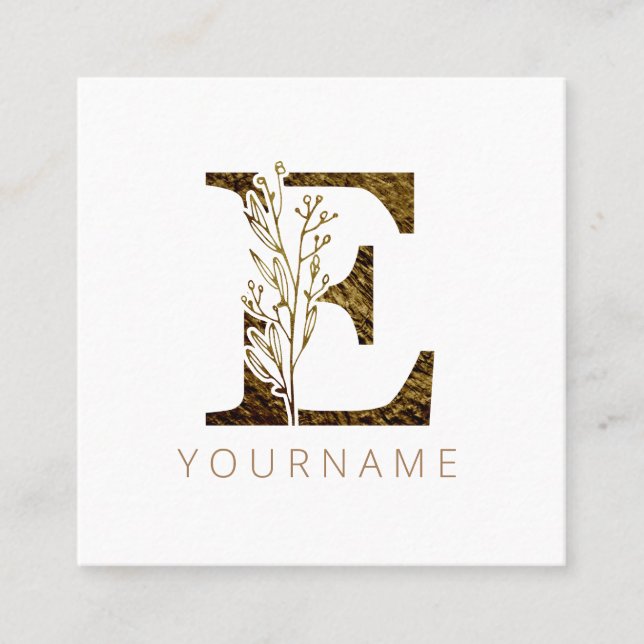 Tarjeta De Visita Cuadrada Monograma floral E Elegante Foliage dorado (Anverso)