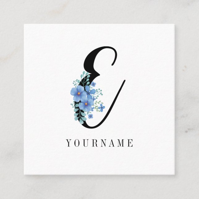 Tarjeta De Visita Cuadrada Monograma floral E Flor azul (Anverso)