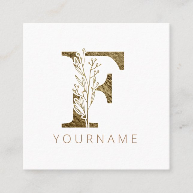 Tarjeta De Visita Cuadrada Monograma Floral F Elegante Foliage Gold (Anverso)