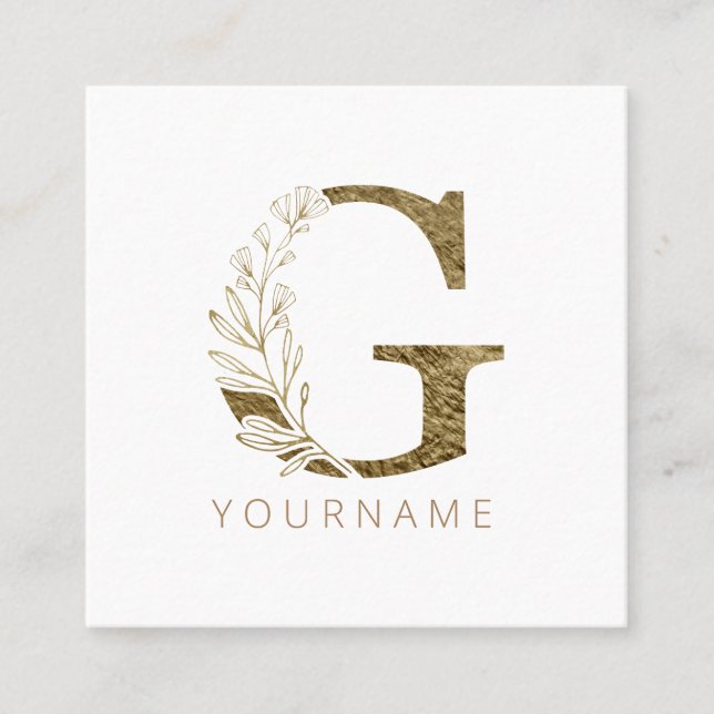 Tarjeta De Visita Cuadrada Monograma Floral G Elegante Foliage Gold (Anverso)