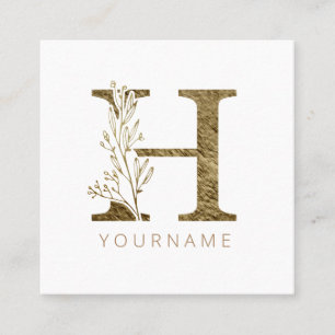 Tarjeta De Visita Cuadrada Monograma Floral H Elegante Foliage de Oro