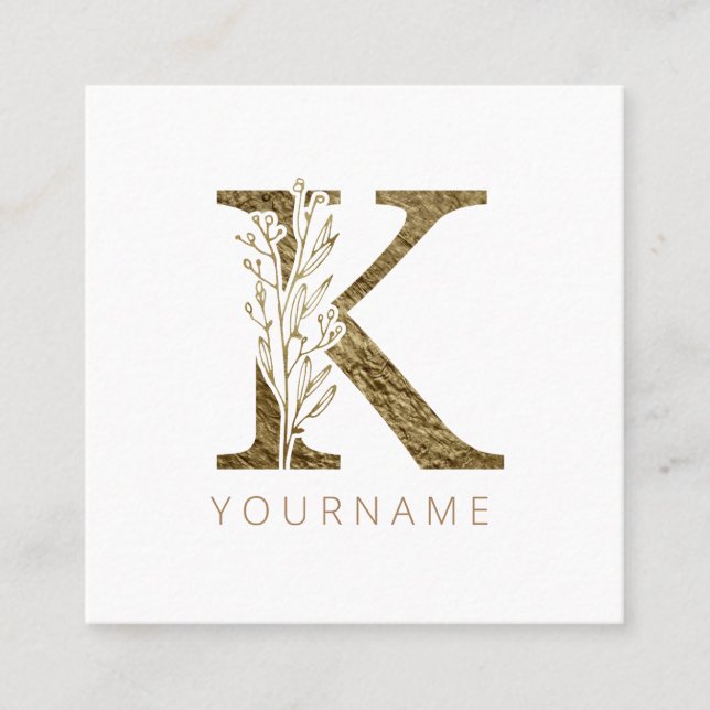Tarjeta De Visita Cuadrada Monograma floral K Elegante Foliage de Oro (Anverso)
