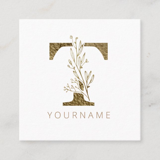 Tarjeta De Visita Cuadrada Monograma Floral T Elegante Foliage Gold (Anverso)