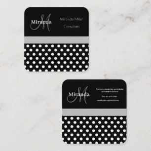 Tarjeta De Visita Cuadrada Monograma gris Punto de Polka Blanco Negro
