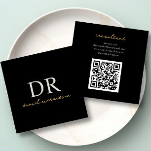 Tarjeta De Visita Cuadrada Monograma inicial de Qr Code moderno negro y oro