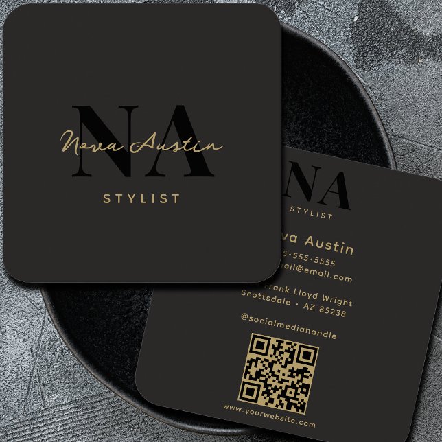 Tarjeta De Visita Cuadrada Monograma Luxe Estilo estético Dorado Negro Código (Subido por el creador)