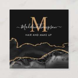 Tarjeta De Visita Cuadrada Monograma moderno con código QR en mármol negro de