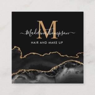 Tarjeta De Visita Cuadrada Monograma moderno con código QR en mármol negro de