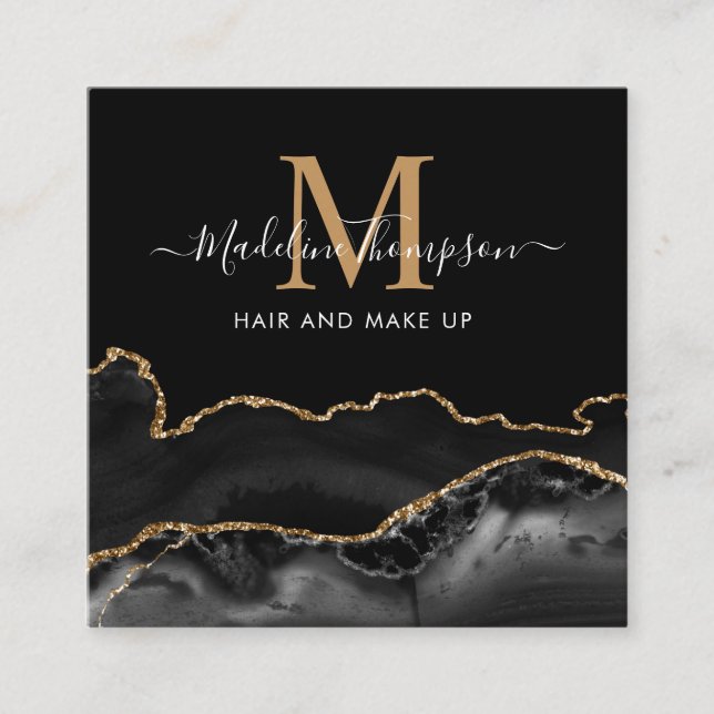 Tarjeta De Visita Cuadrada Monograma moderno con código QR en mármol negro de (Anverso)