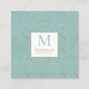 Tarjeta De Visita Cuadrada Monograma moderno de moda Aqua Gold Raindrop