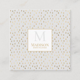 Tarjeta De Visita Cuadrada Monograma moderno de moda crema Gold Raindrop