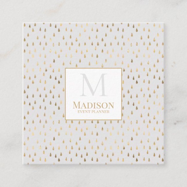 Tarjeta De Visita Cuadrada Monograma moderno de moda crema Gold Raindrop (Anverso)