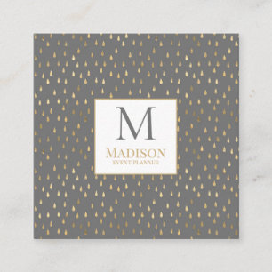 Tarjeta De Visita Cuadrada Monograma moderno de moda Gray Gold Raindrop